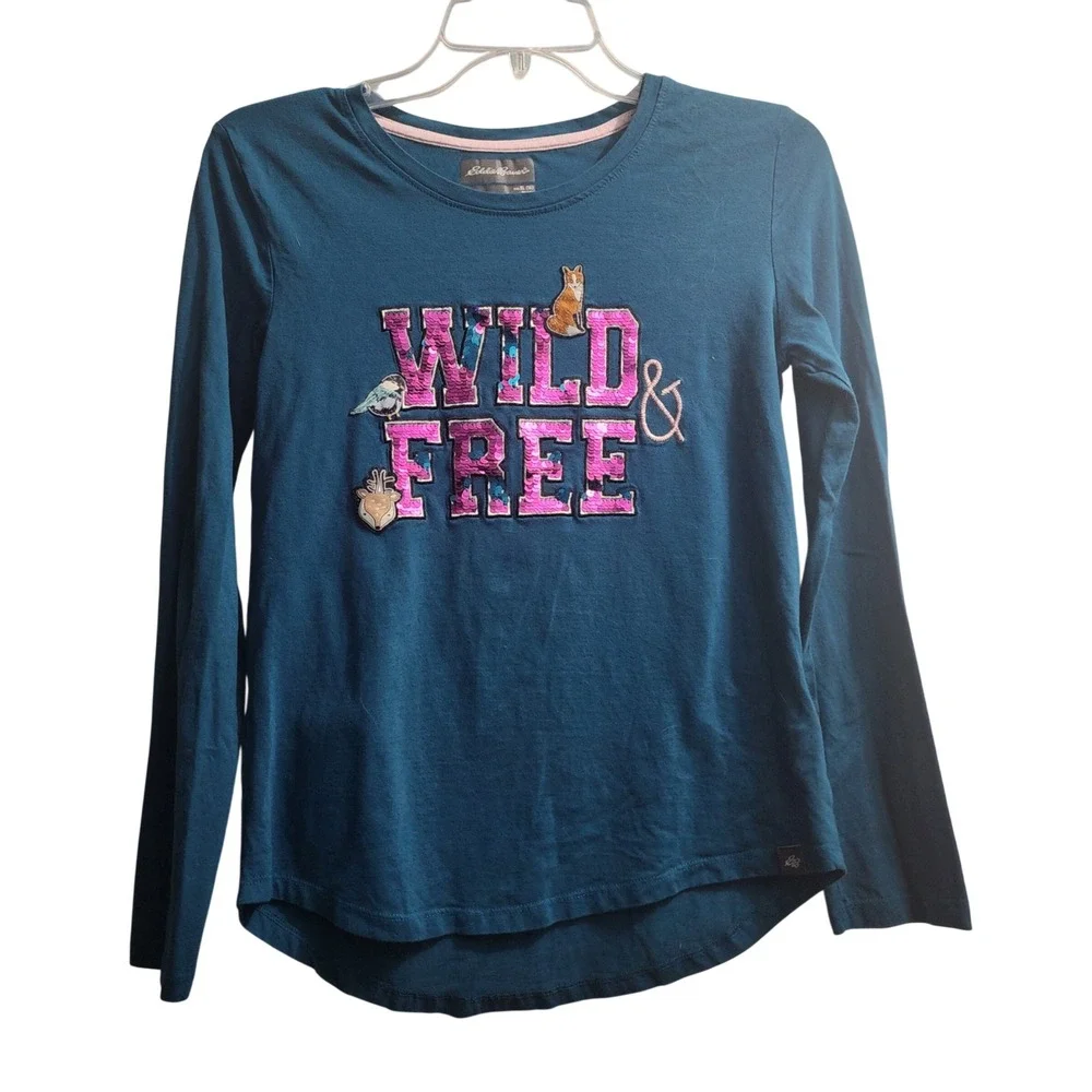 Eddie Bauer Kids Long Sleeve T Shirt Wild Free Fox Deer Bird Sequins Size XL 16‎